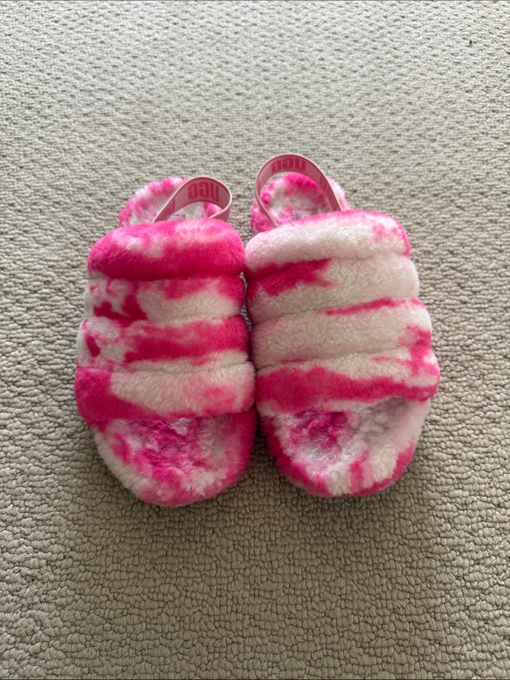 UGG Pink and White Fluff Slide Slippers